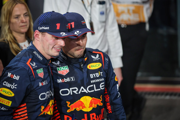 Race winner Sergio Perez (R) of Mexico and second placed Max Verstappen (L) of the Netherlands and Oracle Red Bull Racing celebrate after the F1 Grand Prix of Saudi Arabia at Jeddah Corniche Circuit on March 19, 2023 in Jeddah, Saudi Arabia. (Photo by Ayman Yaqoob/Anadolu Agency via Getty Images)