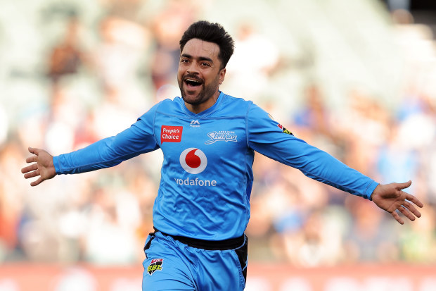 Rashid Khan of the Strikers celebrates after taking a wicket.