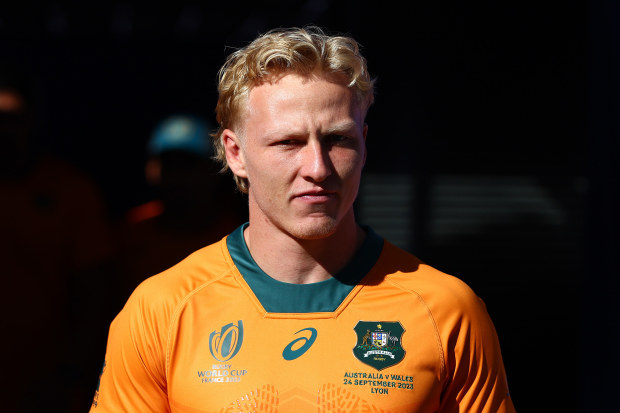 Carter Gordon of the Wallabies looks on during the Australia captain's run ahead of their Rugby World Cup France 2023 match against Wales.