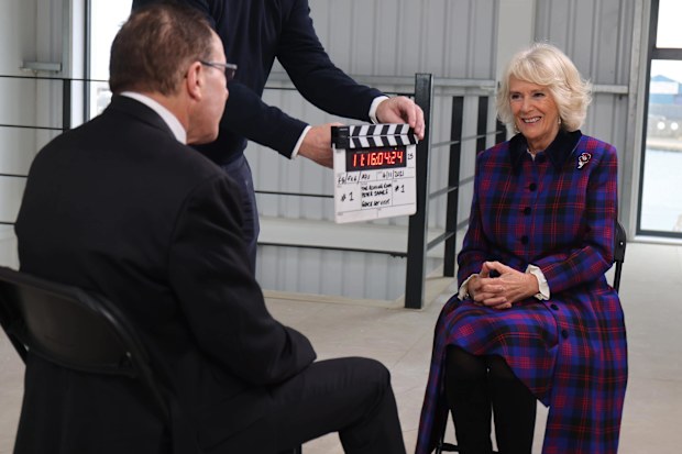 Author Peter James with Queen Camilla (then Duchess of Cornwall) on the set of ITV's adaptation of the Roy Grace series on November 4, 2021 in Brighton, England.