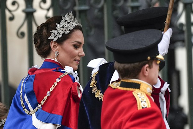 Kate, Princess of Wales arrives at Westminster Abbey prior to the coronation ceremony of Britain's King Charles III in London Saturday, May 6, 2023. (AP Photo/Alessandra Tarantino)