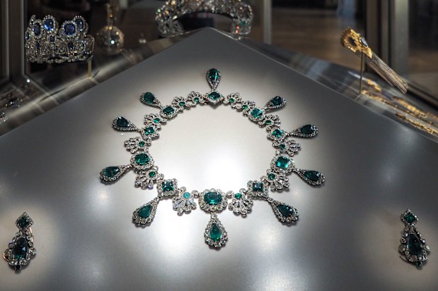 Necklace and earrings from the emerald set of Napoleon's second wife Empress Marie-Louise shown at the Louvre Museum on May 20, 2021.