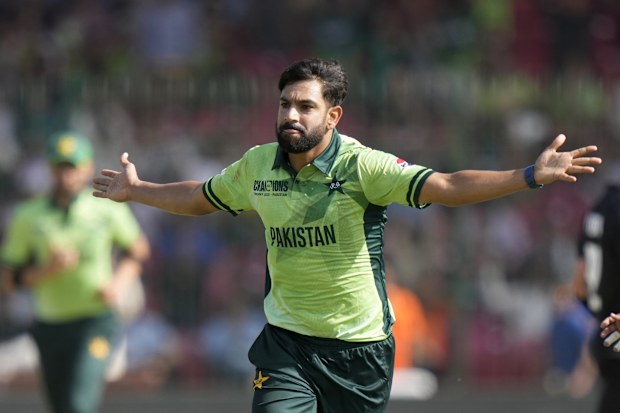Pakistan quick Haris Rauf celebrates taking a wicket.