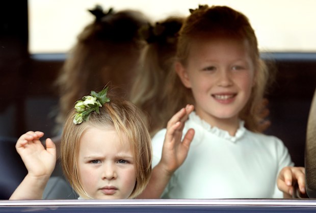 Mia Tindall and Savannah Phillips attend the wedding of Princess Eugenie and Jack Brooksbank on October 12, 2018.