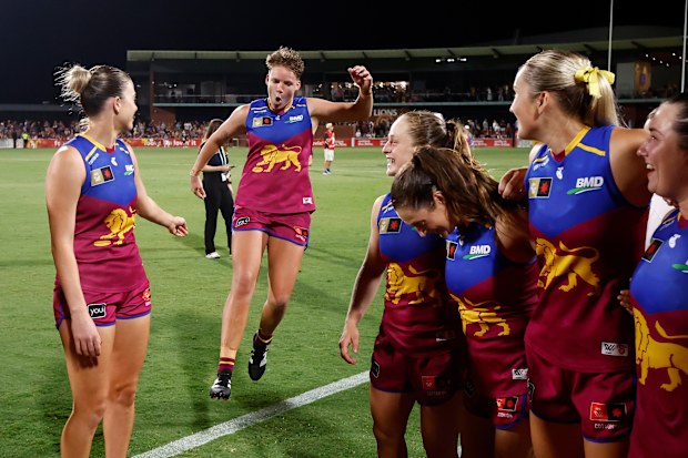 Dakota Davidson of the Lions celebrates after their 2024 preliminary final win over the Crows.