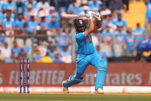 MUMBAI, INDIA - NOVEMBER 15: Rohit Sharma of India bats during the ICC Men's Cricket World Cup India 2023 Semi Final match between India and New Zealand at Wankhede Stadium on November 15, 2023 in Mumbai, India. (Photo by Robert Cianflone/Getty Images)