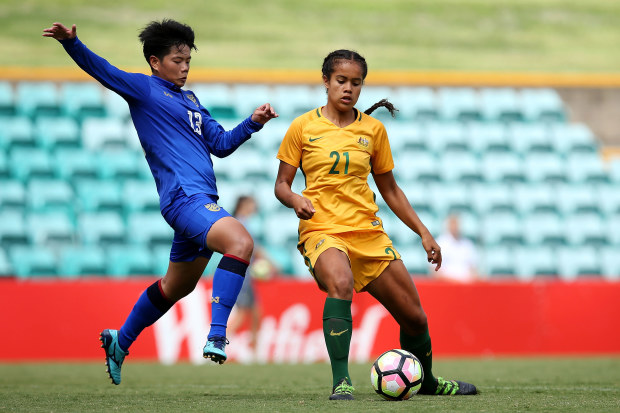 Mary Fowler in action for the Matildas as a 15-year-old, against Thailand in 2018.