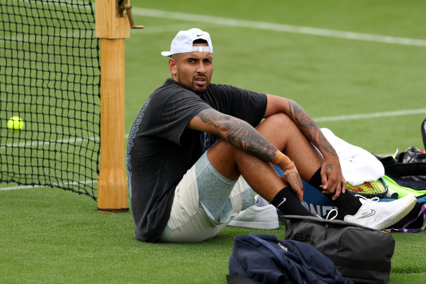 LONDON, ENGLAND - JUNE 28: Nick Kyrgios of Australia looks on during a practice session ahead of The Championships - Wimbledon 2023 at All England Lawn Tennis and Croquet Club on June 28, 2023 in London, England. (Photo by Clive Brunskill/Getty Images)