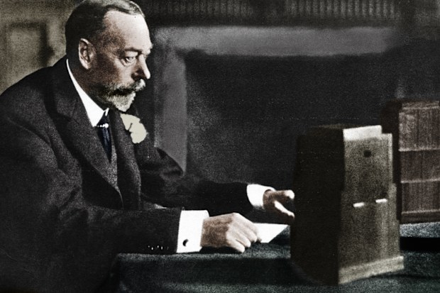 King George V broadcasting to the empire on Christmas Day, Sandringham, 1935. Illustration from "George V and Edward VIII, A Royal Souvenir", by FGH Salusbury, a souvenir book published as Edward VIII was crowned following the death of his father, George V, (Daily Express Publication, London, 1936).