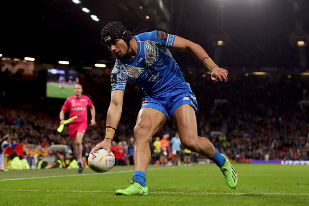 Stephen Crichton of Samoa touches down for their team's second try during the Rugby League World Cup Final match between Australia and Samoa at Old Trafford on November 19, 2022 in Manchester, England. (Photo by Jan Kruger/Getty Images for RLWC)