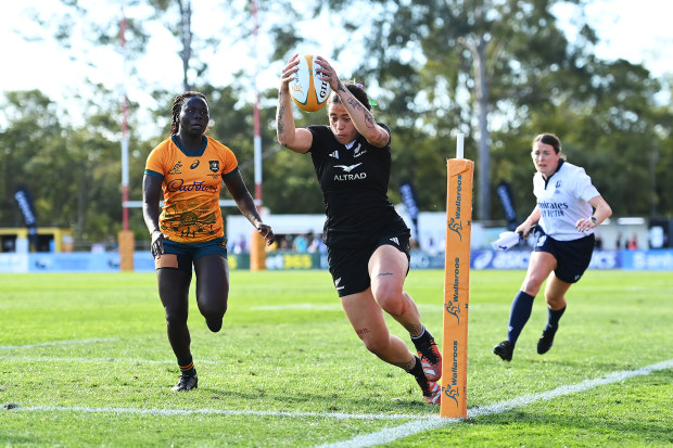 Katelyn Vahaakolo of the Black Ferns gathers the ball before scoring a try.