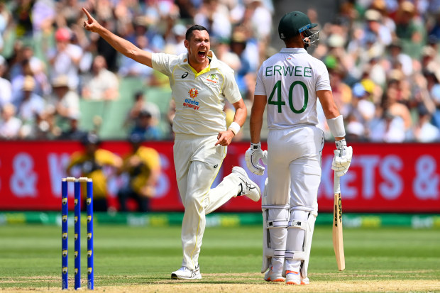 Scott Boland of Australia celebrates dismissing Sarel Erwee of South Africa during day one at Melbourne Cricket Ground. (Photo by Quinn Rooney/Getty Images)