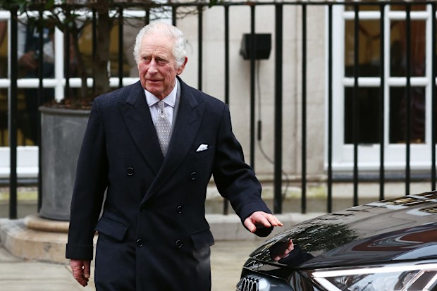 King Charles III is seen leaving The London Clinic on January 29, 2024 in London, England. The King has been receiving treatment for an enlarged prostate, spending three nights at the London Clinic and visited daily by his wife Queen Camilla. 