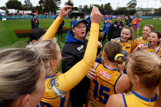 MELBOURNE, AUSTRALIA - OCTOBER 22: Michael Prior, Senior Coach of the Eagles celebrates with his players during the 2023 AFLW Round 08 match between The Essendon Bombers and The West Coast Eagles at Windy Hill on October 22, 2023 in Melbourne, Australia. (Photo by Michael Willson/AFL Photos via Getty Images)