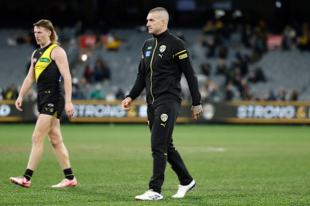 Dustin Martin was seen walking off the MCG in his warm up tracksuit.