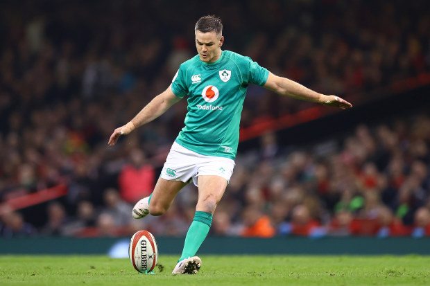 Johnny Sexton of Ireland kicks a conversion during the Six Nations Rugby match between Wales and Ireland 