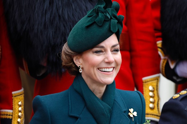 Catherine, Princess of Wales (in her role as Colonel of the Irish Guards) attends the 2025 St. Patrick's Day Parade at Wellington Barracks on March 17, 2025 in London, England. (Photo by Max Mumby/Indigo/Getty Images)