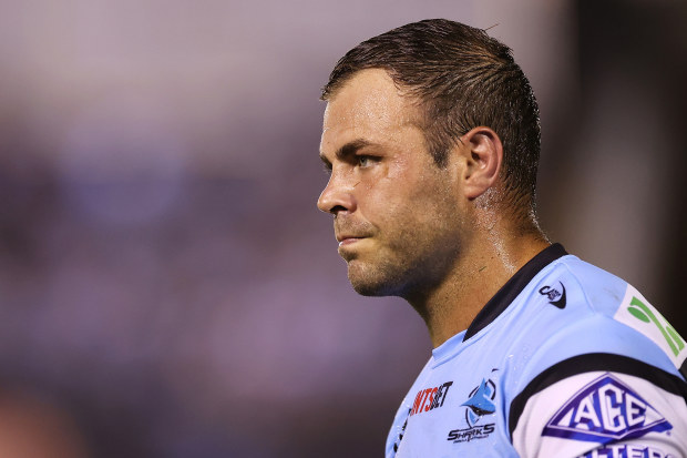 PENRITH, AUSTRALIA - MARCH 04: Wade Graham of the Sharks looks dejected after being sent off for ten minutes during the round one NRL match between Cronulla Sharks and South Sydney Rabbitohs at BlueBet Stadium on March 04, 2023 in Cronulla, Australia. (Photo by Mark Kolbe/Getty Images)