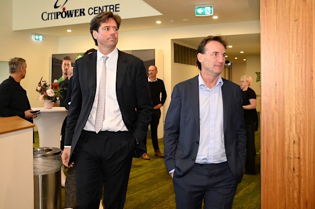 MELBOURNE, AUSTRALIA - MAY 26: AFL CEO Gillon McLachlan and Andrew Dillon arrive during a media opportunity with Australian sports governing body representatives who will support the Voice, at CitiPower Centre on May 26, 2023 in Melbourne, Australia. (Photo by Quinn Rooney/Getty Images)