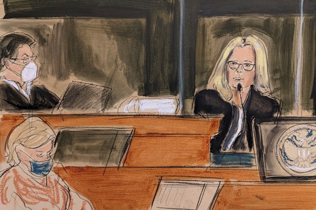 In this courtroom sketch Eva Andersson Dubin, right, testifies as Judge Alison Nathan, left, listens on the bench during the Ghislaine Maxwell's sex trafficking trial, Friday, Dec. 17, 2021, in New York. 