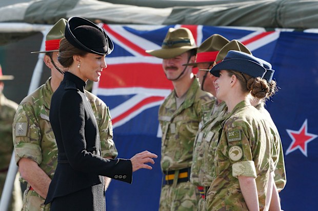 The Princess of Wales at the Army Training Centre (ATC) Pirbright in Guildford, Surrey, meeting troops from the Commonwealth who have been deployed to the UK to take part in the funeral of Queen Elizabeth II.