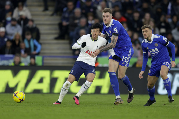 LEICESTER, ENGLAND - FEBRUARY 11: Heung-Min Son of Tottenham Hotspur competes with hsoduring the Premier League match between Leicester City and Tottenham Hotspur at The King Power Stadium on February 11, 2023 in Leicester, England. (Photo by Malcolm Couzens/Getty Images)