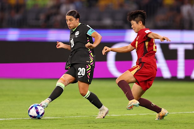 PERTH, AUSTRALIA - MARCH 17: Sam Kerr of Australia passes the ball during the AFC Women's Asian Cup Australia 2026 Semi Final match between Australia Matildas and China PR at Perth Stadium on March 17, 2026 in Perth, Australia. (Photo by Paul Kane/Getty Images)