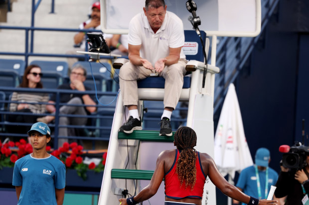 Coco Gauff challenges the umpire while playing Karolina Pliskova at the Dubai Tennis Championships.