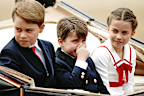 (Left-right) Prince George, Prince Louis and Princess Charlotte during the Trooping the Colour ceremony at Horse Guards Parade, central London, as King Charles III celebrates his first official birthday since becoming sovereign. Picture date: Saturday June 17, 2023. (Photo by Aaron Chown/PA Images via Getty Images)