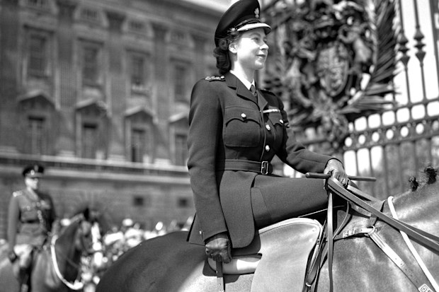 Princess Elizabeth attends 1947's Trooping the Colour on Horse Guards Parade in honour of the King's birthday for the first time.   (Photo by PA Images via Getty Images)