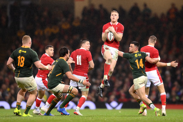 Johnny McNicholl of Wales catches the ball in a Test against South Africa.