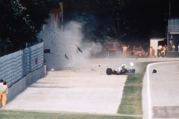 Ayrton Senna crashes into a wall during the 1994 San Marino Grand Prix in Imola, Italy. Senna later died at the Maggiore Hospital in Bologna. (Photo by Alberto Pizzoli/Sygma/Sygma via Getty Images)