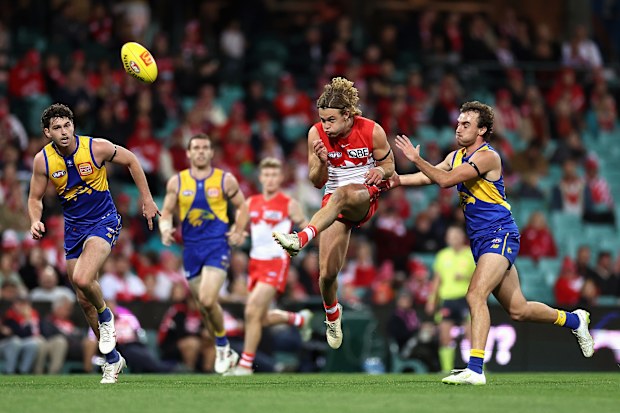 James Rowbottom of the Swans kicks during the round 15 AFL match between Sydney Swans and West Coast Eagles at Sydney Cricket Ground, on June 24, 2023, in Sydney, Australia.