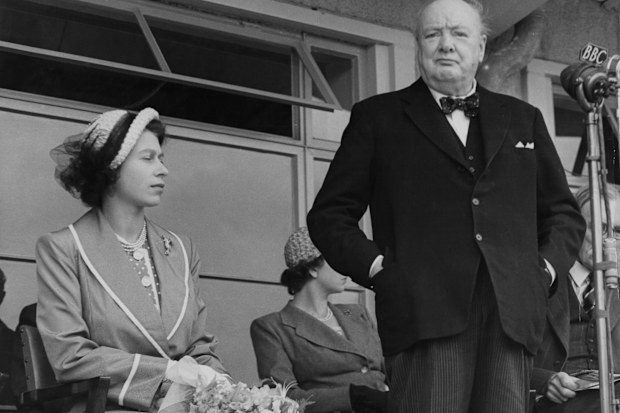Winston Churchill delivers an address in the presence of Princess Elizabeth, 1951