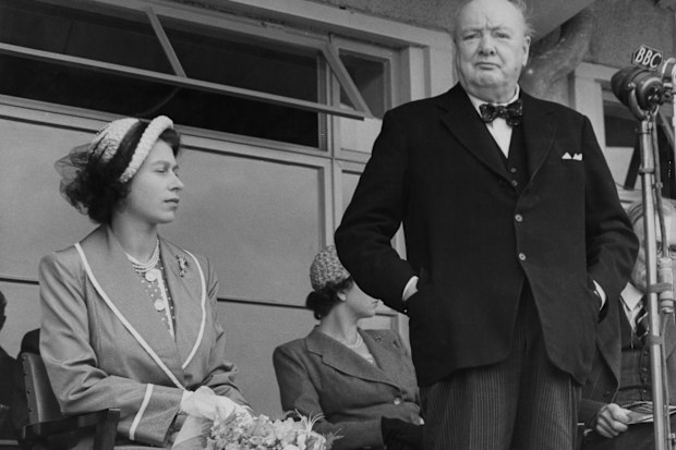 Winston Churchill delivers an address in the presence of Princess Elizabeth, 1951