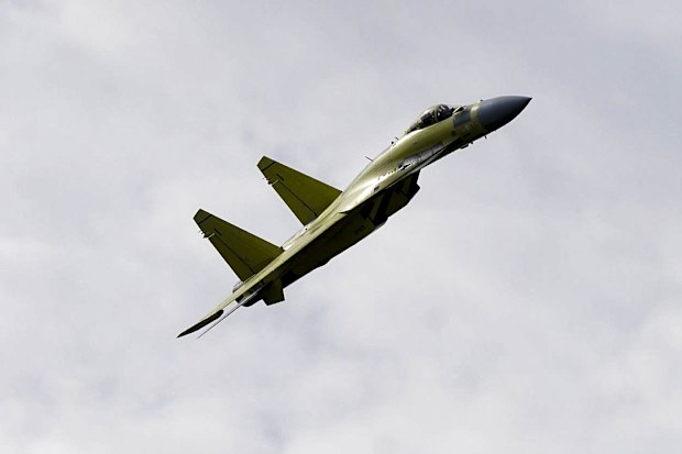 ADDS DATE - In this photo released by the governor of the Russian far eastern region of Khabarovsky Krai region Mikhail Degtyarev telegram channel, A Russian Su-35 fighter jet makes a demonstration flight at the Russian aircraft plant that builds fighter jets in Komsomolsk-on-Amur, about 6,200 kilometers (3,900 miles) east of Moscow, Russia Friday, Sept. 15, 2023. The flight was part of North Korean leader Kim Jong Un's visit to an aircraft-making plant in Komsomolsk-on-Amur on Friday. (The gove