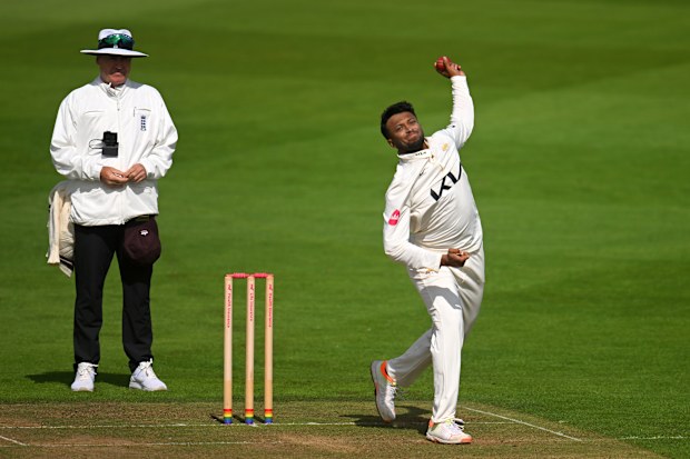 Shakib Al Hasan of Surrey in bowling action during Day One of the Vitality County Championship Division One match between Somerset and Surrey at The Cooper Associates County Ground on September 09, 2024 in Taunton, England.  (Photo by Harry Trump/Getty Images)