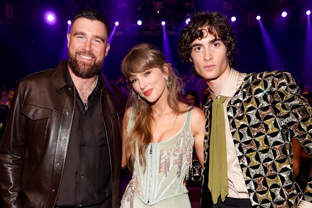 Travis Kelce, Taylor Swift and Sombr at the 2026 iHeartRadio Music Awards held at Dolby Theatre on March 26, 2026 in Los Angeles, California. (Photo by Christopher Polk/Billboard via Getty Images)