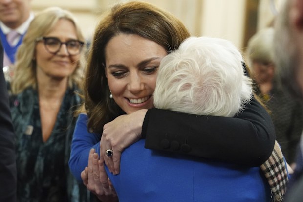 Britain's Kate, Princess of Wales talks with Yvonne Bernstein at a ceremony in London, Monday Jan. 27, 2025, to commemorate Holocaust Memorial Day and the 80th anniversary of the liberation of Auschwitz-Birkenau the former Nazi German concentration and extermination camp. (Arthur Edwards/Pool via AP)