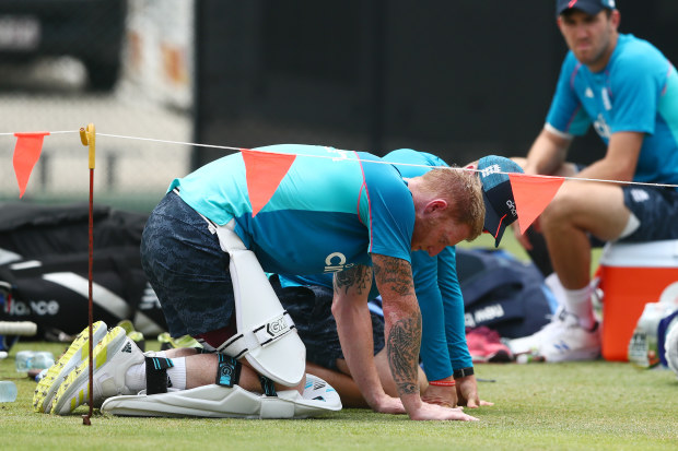  Ben Stokes after being hit during an England Ashes nets session at The Gabba.