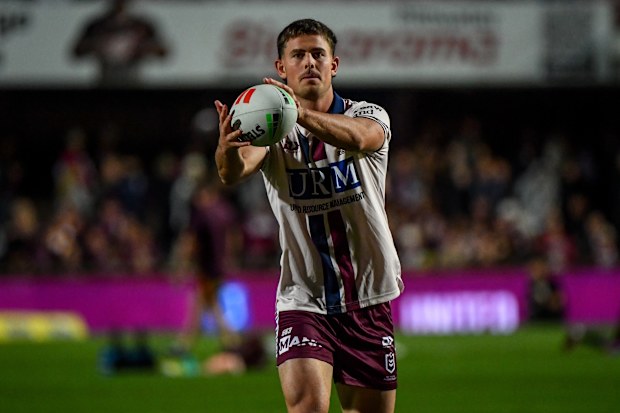 Joey Walsh warms up before Manly's round 10 match against Brisbane.