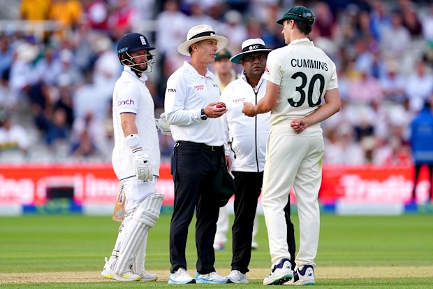 Australia's Pat Cummins speaks to the umpires after England's Ben Duckett is ruled not out following a catch from Mitchell Starc (not pictured) during day four of the second Ashes test match at Lord's, London. Picture date: Saturday July 1, 2023. (Photo by Mike Egerton/PA Images via Getty Images)