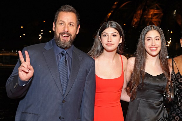Adam Sandler, Sunny Sandler, Sadie Madison Sandler, guest and Jackie Sandler attends the "Murder Mystery 2" photocall in 2023 in Paris, France.