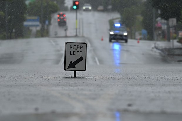 Sections of Newmarket Road are flooded on March 09, 2025 in Brisbane, Australia. Australia's east coast is experiencing severe weather as ex-Tropical Cyclone Alfred moves south. 