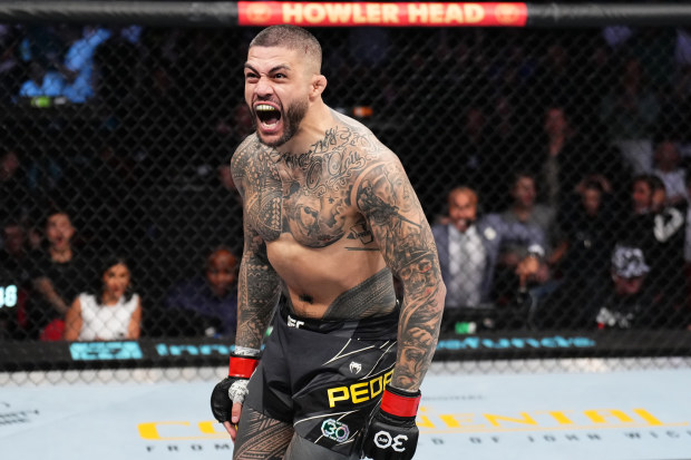 Tyson Pedro of Australia reacts after his knockout victory over Anton Turkalj of Sweden