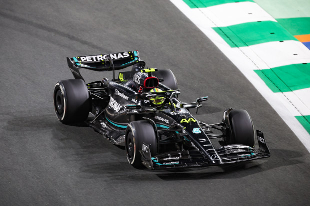 Lewis Hamilton of Great Britain driving the (44) Mercedes AMG Petronas F1 Team W14 on track during the F1 Grand Prix of Saudi Arabia at Jeddah Corniche Circuit on March 19, 2023 in Jeddah, Saudi Arabia. (Photo by Ayman Yaqoob/Anadolu Agency via Getty Images)