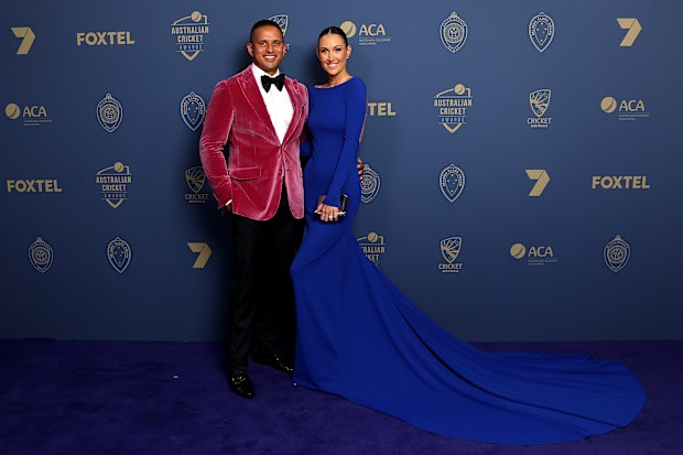 SYDNEY, AUSTRALIA - JANUARY 30: Usman Khawaja and wife Rachel arrive ahead of the 2023 Australian Cricket Awards at Royal Randwick Racecourse on January 30, 2023 in Sydney, Australia. (Photo by Brendon Thorne/Getty Images)