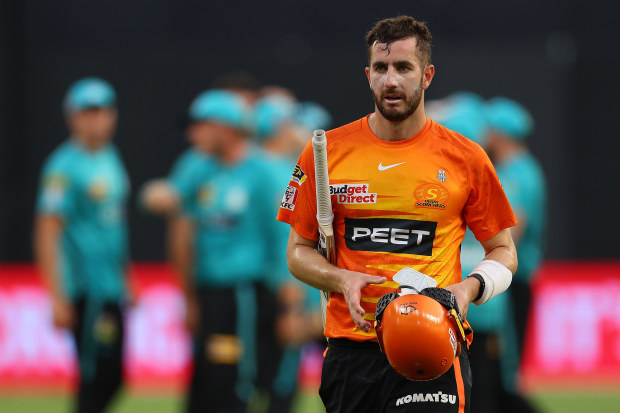 Stephen Eskinazi of the Scorchers walks from the field after being dismissed during the Big Bash League final between the Perth Scorchers and the Brisbane Heat at Optus Stadium.