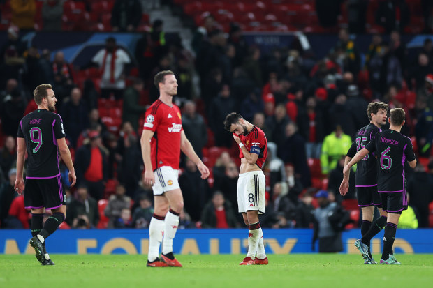 Bruno Fernandes of Manchester United looks dejected at full-time following the team's defeat in the UEFA Champions League match to Bayern Munich.