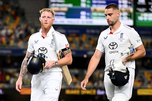 BRISBANE, AUSTRALIA - DECEMBER 06: England captain Ben Stokes and Will Jacks leave the field at stumps on day three of the Second 2025/26 Ashes Series Test Match between Australia and England at The Gabba on December 06, 2025 in Brisbane, Australia. (Photo by Gareth Copley/Getty Images)